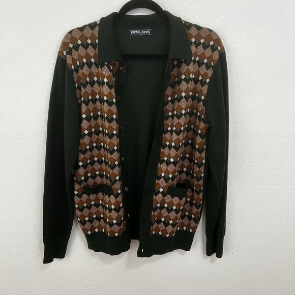 PJ Paul Jones VTG Inspired Argyle  Cardigan Sweater Collar Button Down Grandpa S - Picture 7 of 12